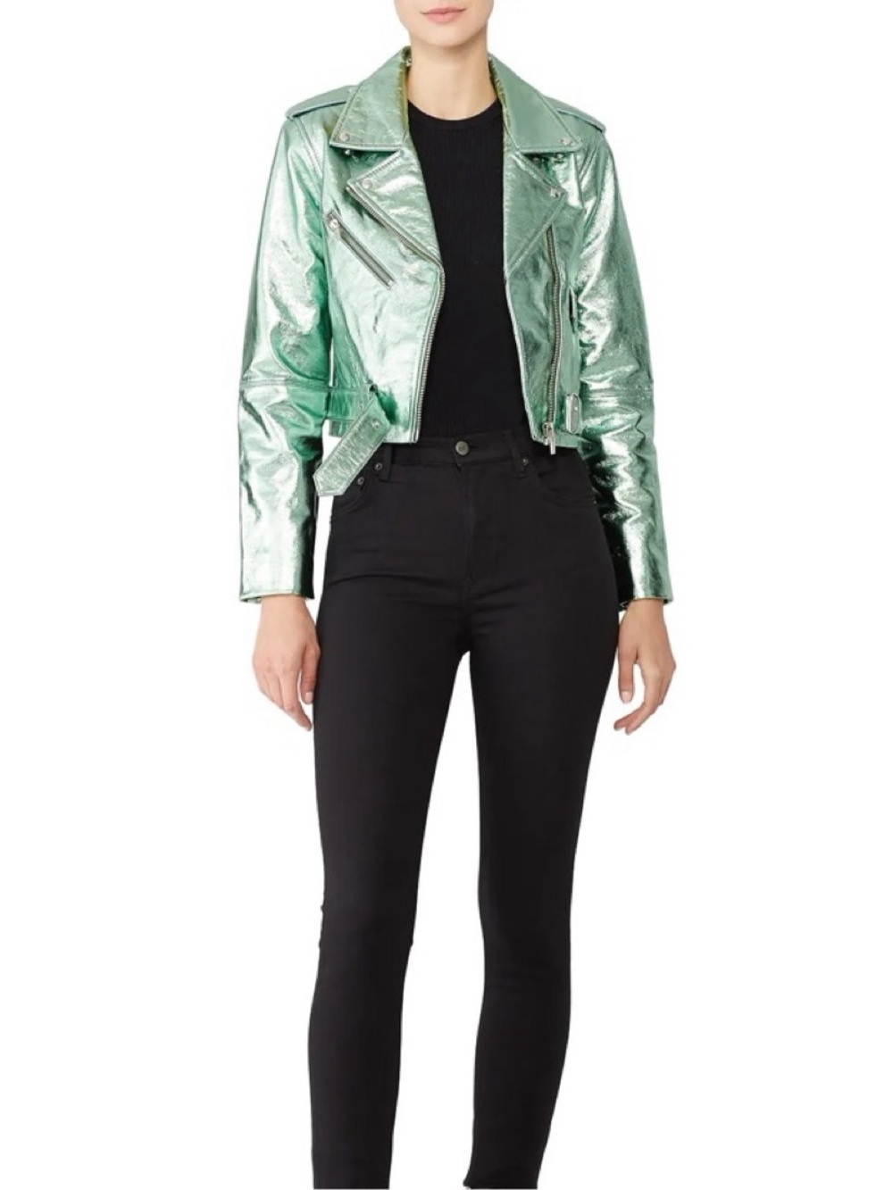 Veda Metallic Mint Green Leather Moto Jacket